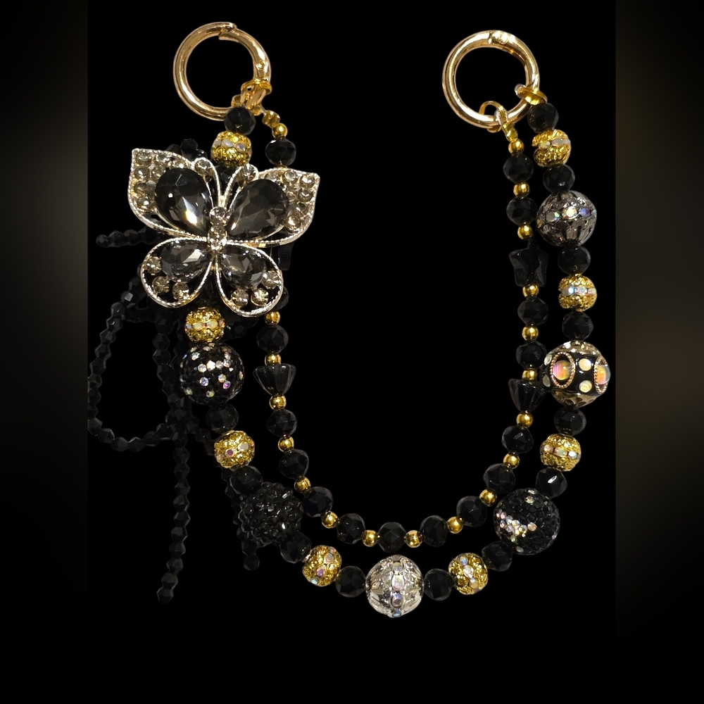 Elegant Black and Gold Beaded Butterfly Bag Charm